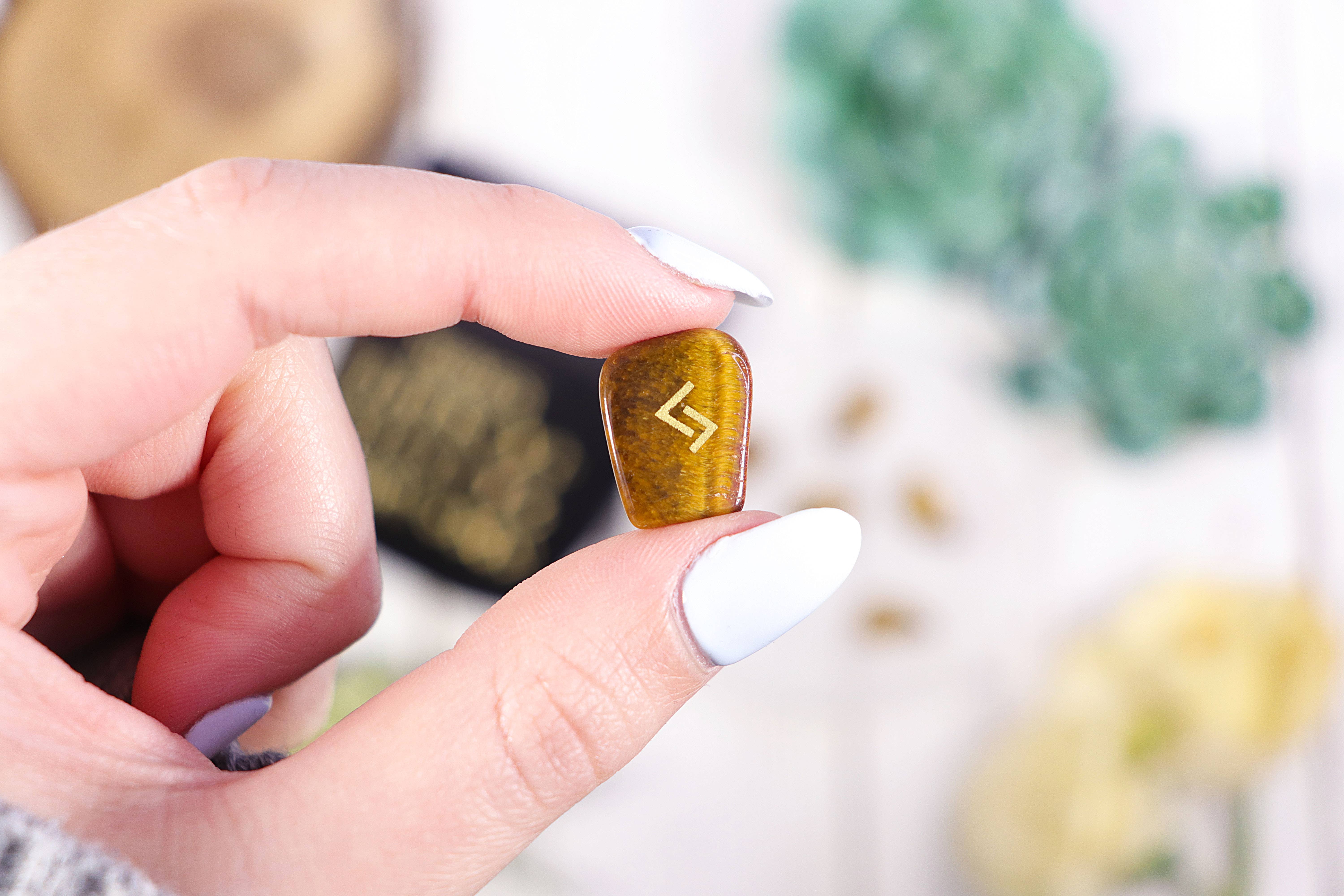 Natures Artifacts Inc - Wholesale Spiritual Stone/Crystal - Tiger's Eye Rune Stone Set in Velvet Bag with Info card1