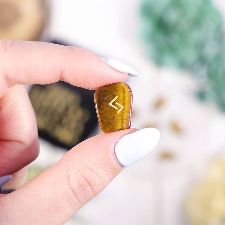 Natures Artifacts Inc - Wholesale Spiritual Stone/Crystal - Tiger's Eye Rune Stone Set in Velvet Bag with Info card1