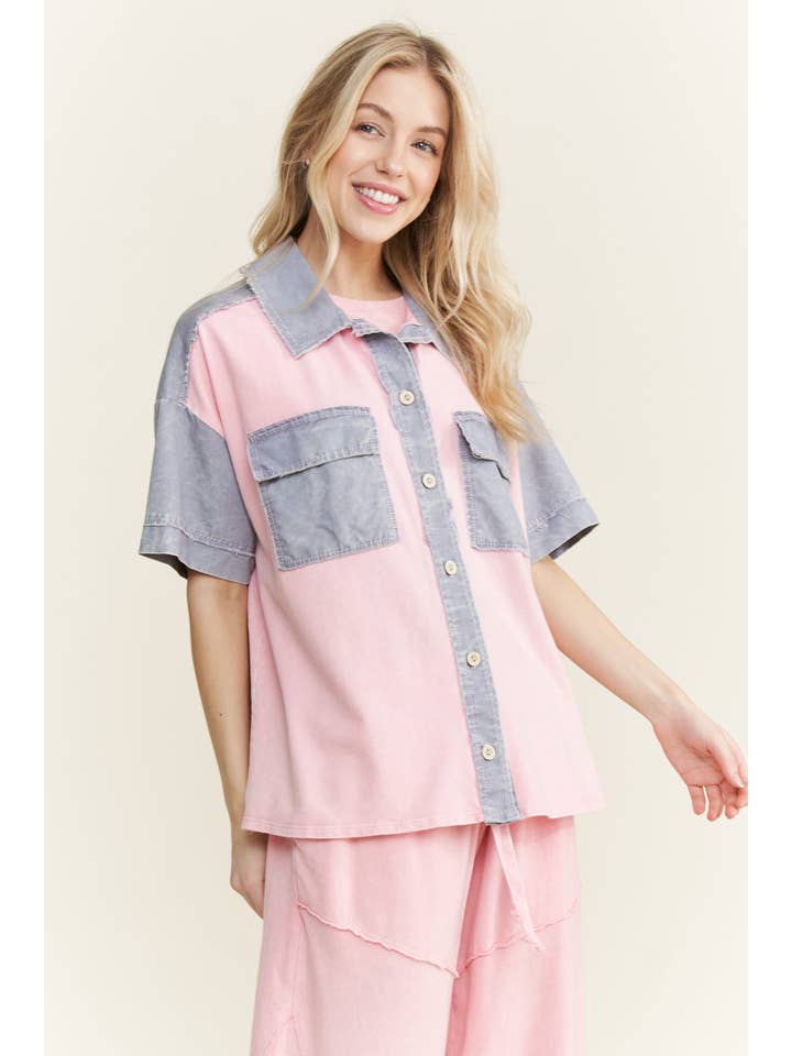 J.Her - Vendita all'ingrosso Giacca a camicia - Donna - Shacket con toppa sul retro a fiori lavato minerale HT64663