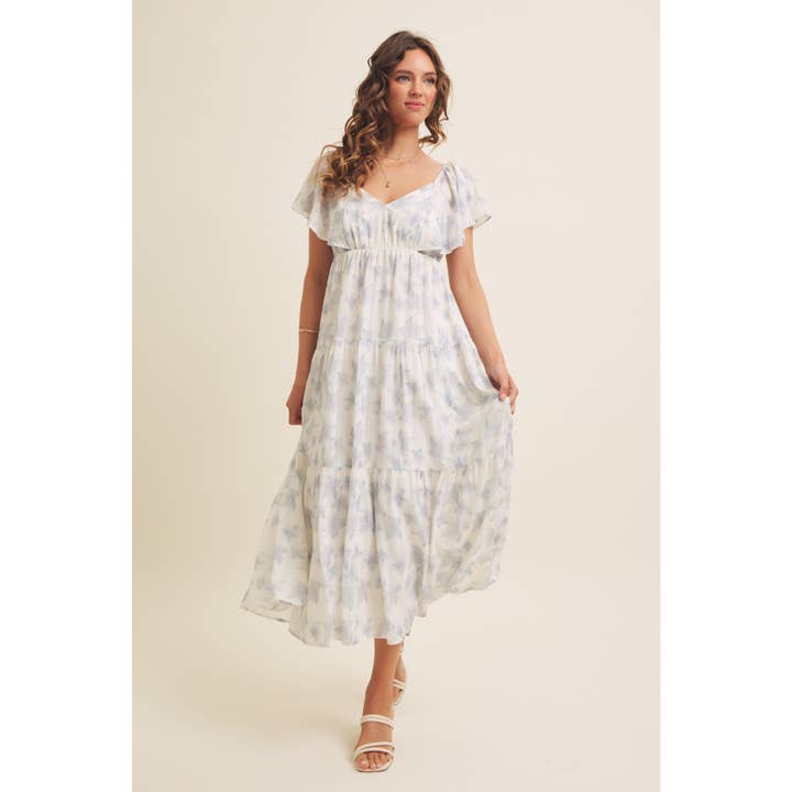 in february - Wholesale Dress - Women's - ROMANTIC FLORAL SHEER MIDI DRESS WITH FLUTTER SLEEVES