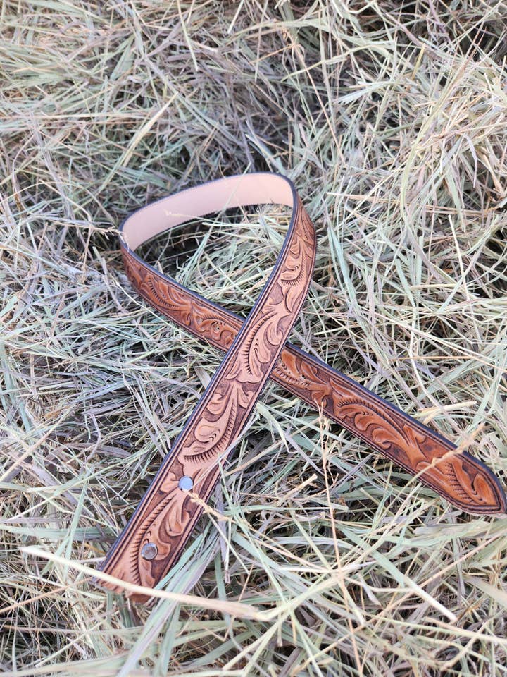 Scroll Hand Tooled Belt for wholesale by Varnish Bay Leatherwork