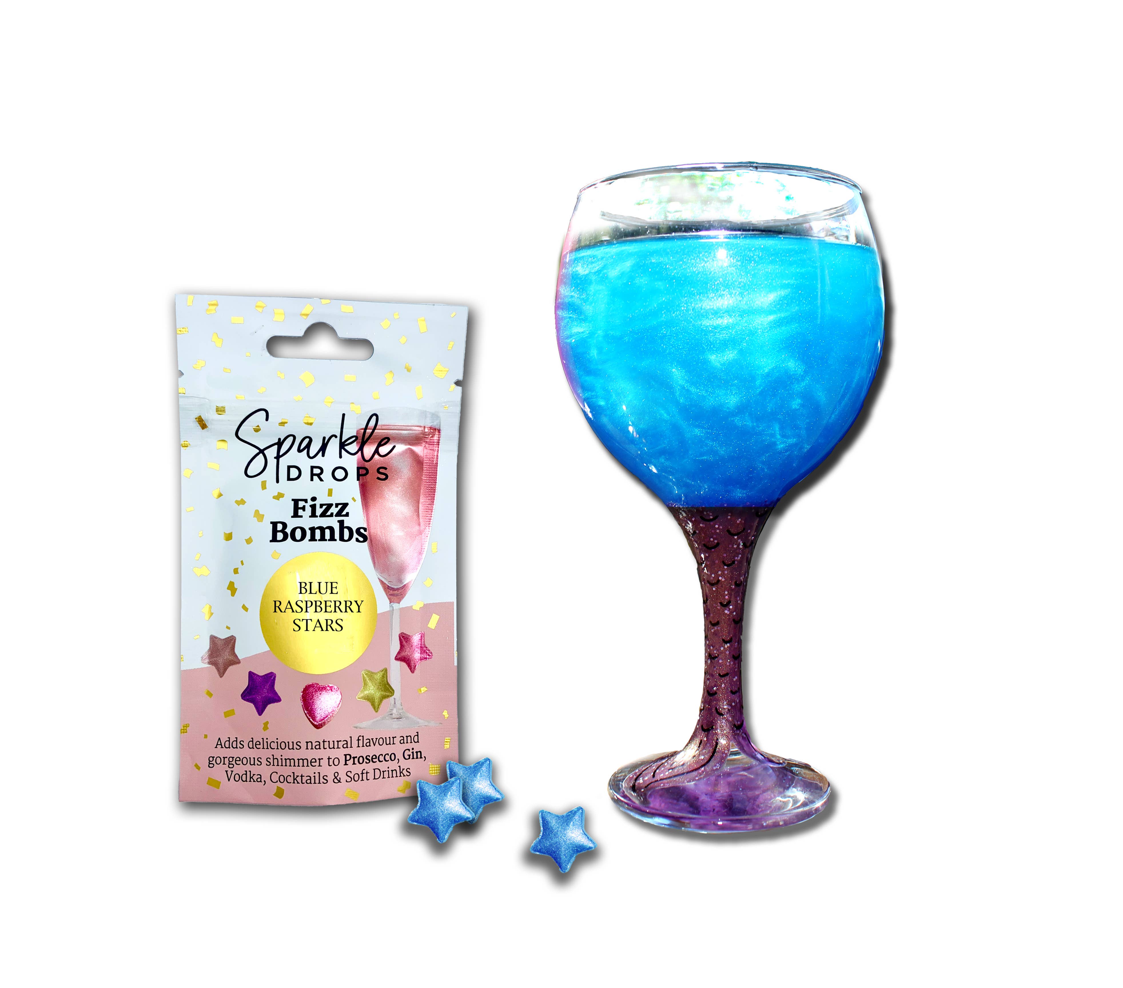 Sparkle Drops - Vente Décorations pour boisson - Sparkle Drops Fizz Bombs BLEUES Raspberry Stars 20 g