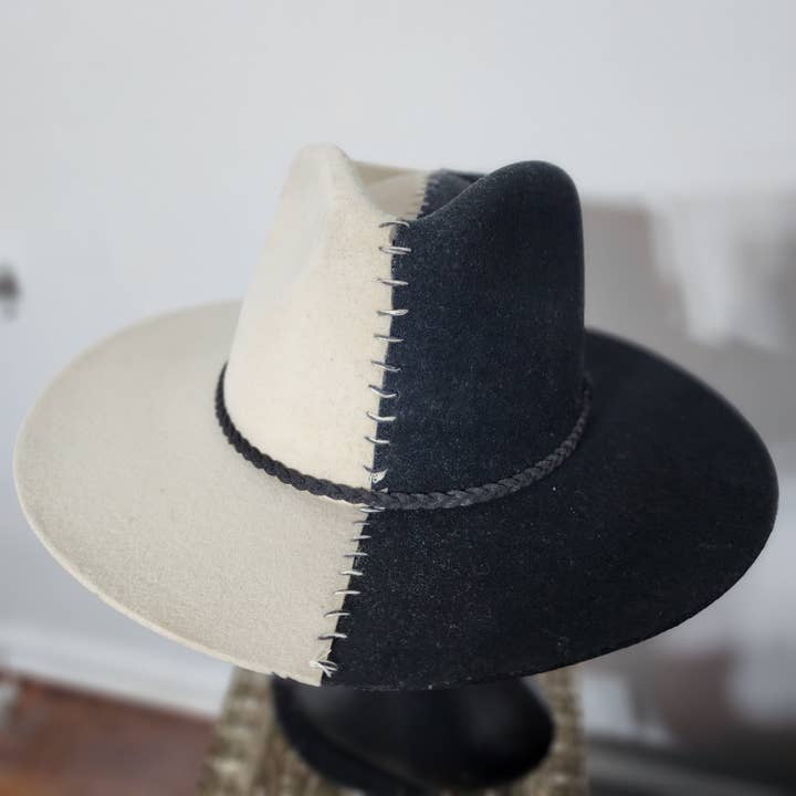 Black & White Wool Flat Brim Hat Half Stitching High Quality Size L for wholesale by Freebird Revolution
