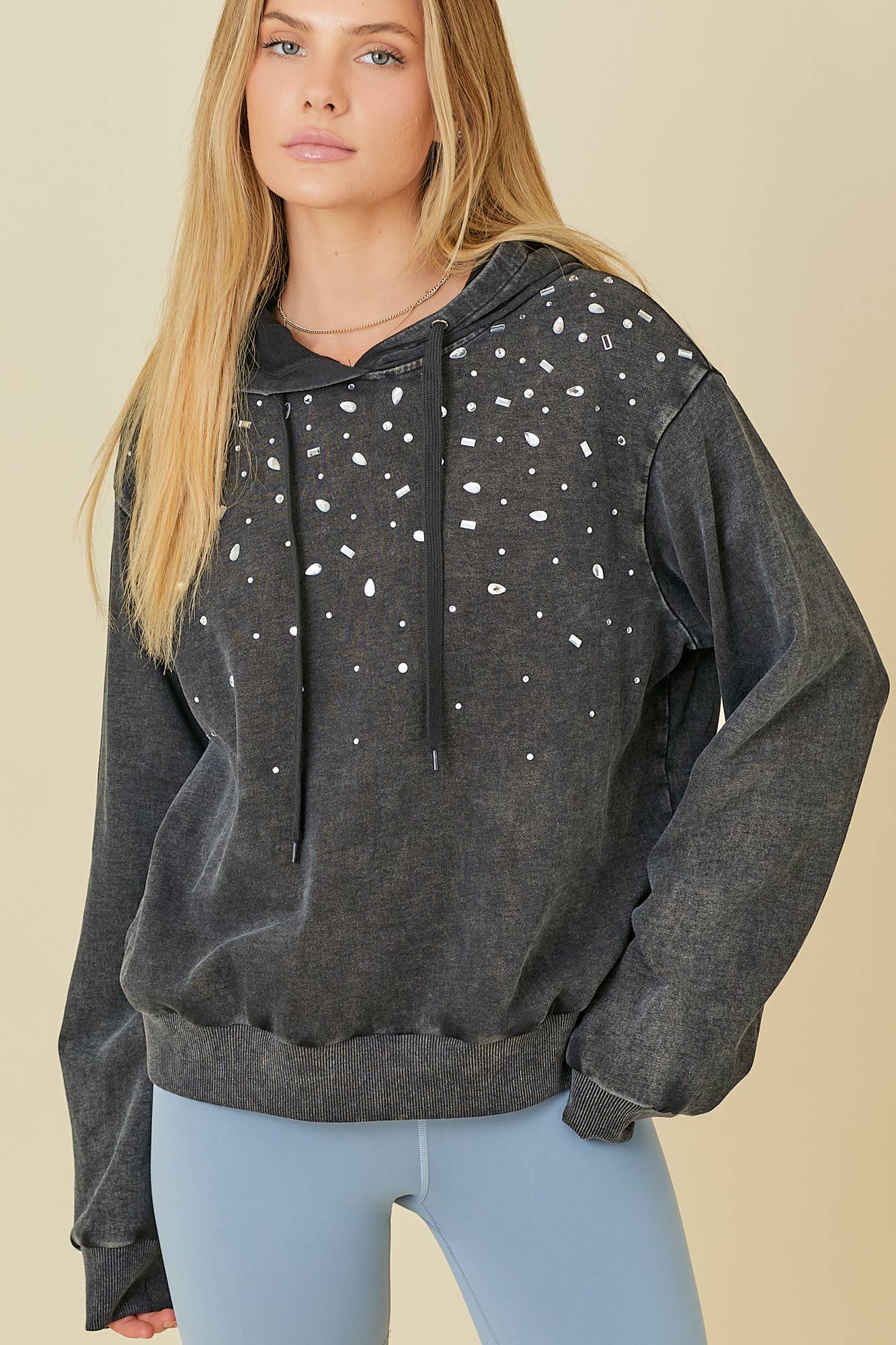 BLACK Washed Hoodie With All Over Rhinestone Detail for wholesale on Faire3