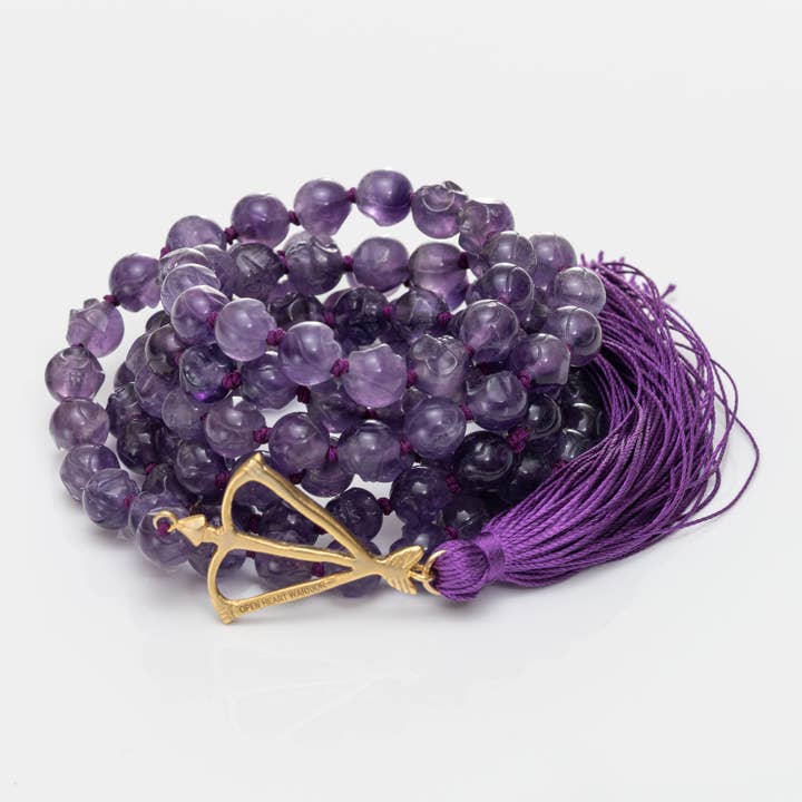 Hand Carved Amethyst Skull Mala for wholesale by Open Heart Warrior