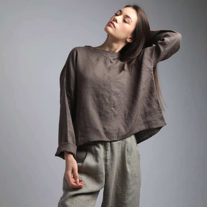 AMANDE Basic Lange Mouw Linnen Blouse voor wholesale door Knotium