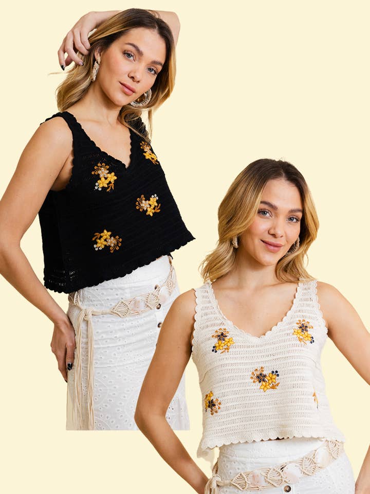 Top Crochet Chic Crochet com detalhes florais para o verão 🌞 por atacado de Leto Accessories