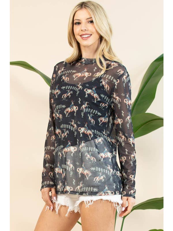 Black Multi AV1230-BEKKA WESTERN RODEO PRINT SEMI SHEER MESH TOP for wholesale on Faire11