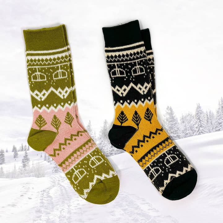 Winter Ski Scene Socks – Cozy & Adorable Mountain Vibes for wholesale by Rainbow Unicorn Birthday Surprise