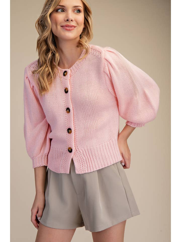 Glam - Wholesale Knit Sweater - Women's - Short Puff Sleeve Button Down Sweater - Reorder Friendly2