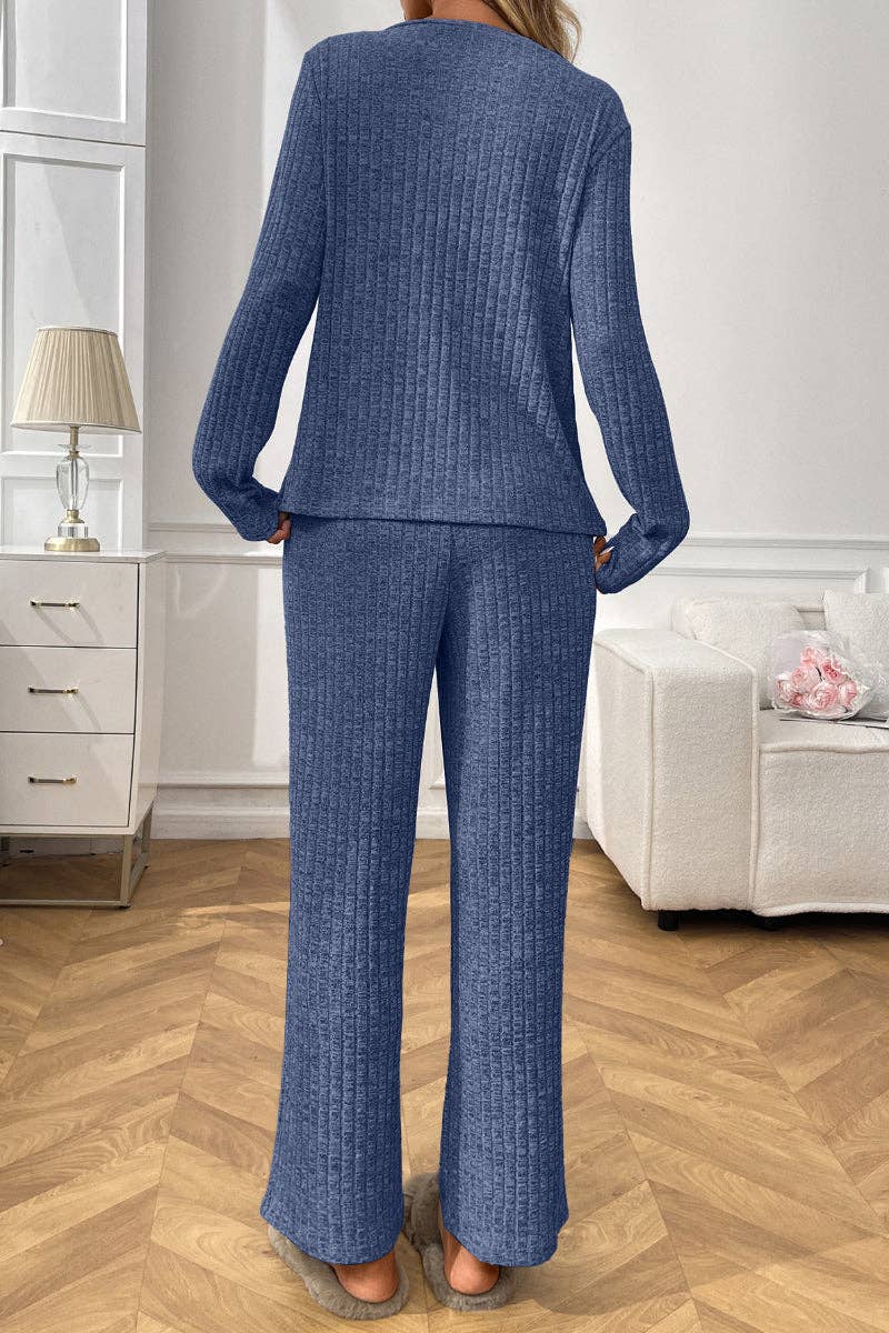 Lovesoft - Wholesale Lounge Set - Women's - Ribbed Knit Lounge Set with V Neck and Wide Pants4