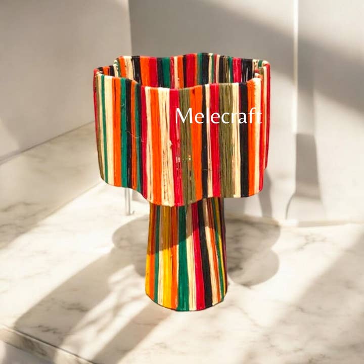Melecraft - Vendita all'ingrosso Paralumi - Paralume da tavolo con rafia a righe, paralume in tessuto artigianale