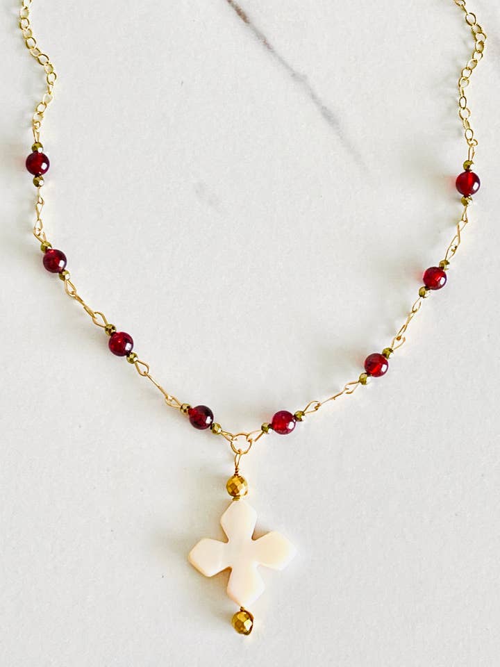 Garnet Links Necklace with Mother-of-Pearl Cross Charm for wholesale by Hand Art Soul