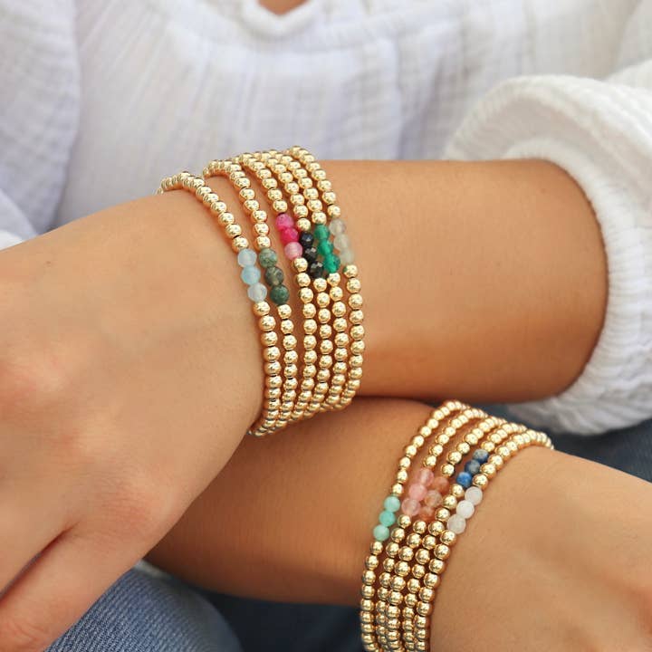 Kaylie Dawn Jewelry - Wholesale Beaded Bracelet - Gemma Handmade Gold Stretchy Bead Bracelet with 3 Gemstones13