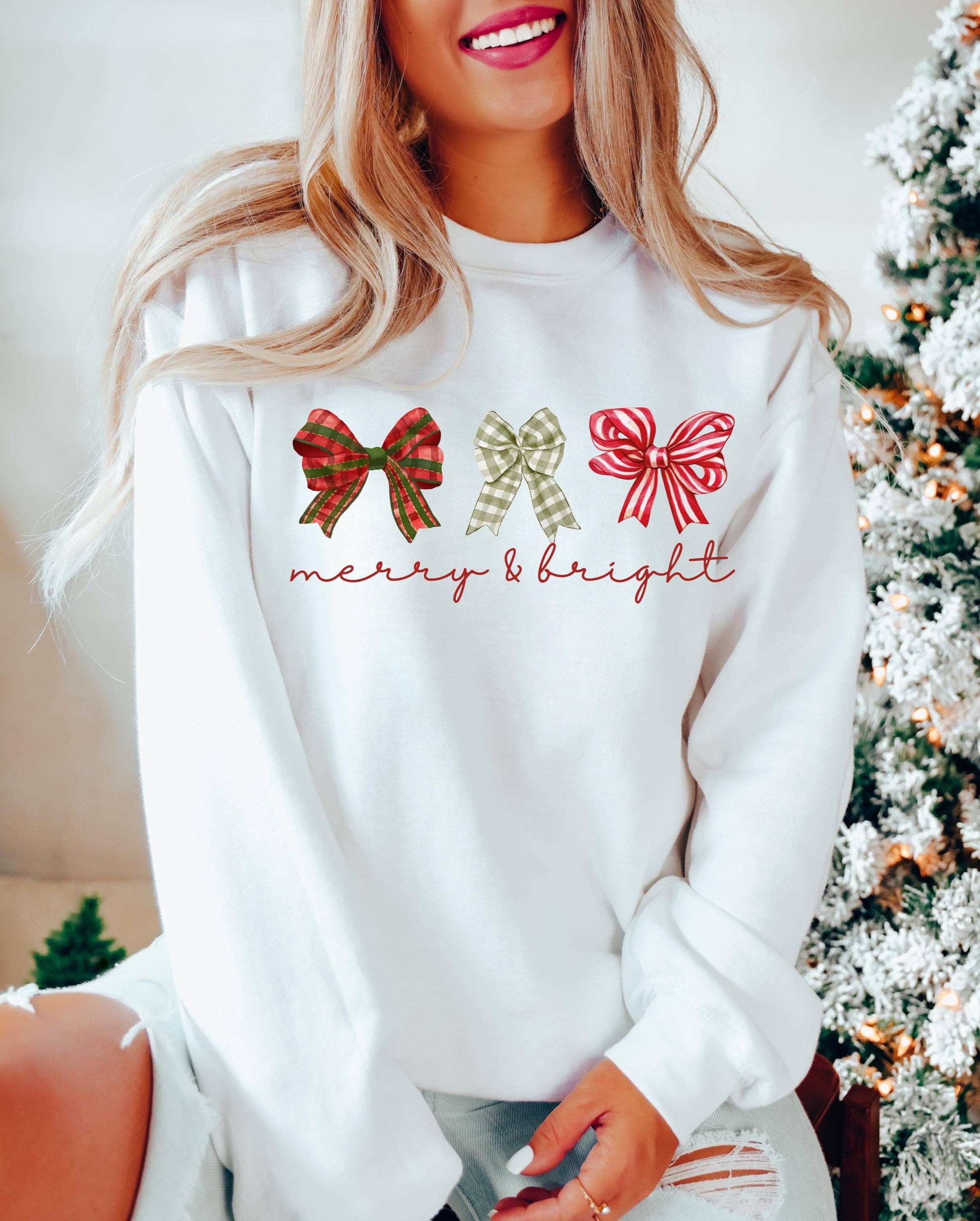 White Merry and Bright Three Bows Sweatshirt for wholesale on Faire0