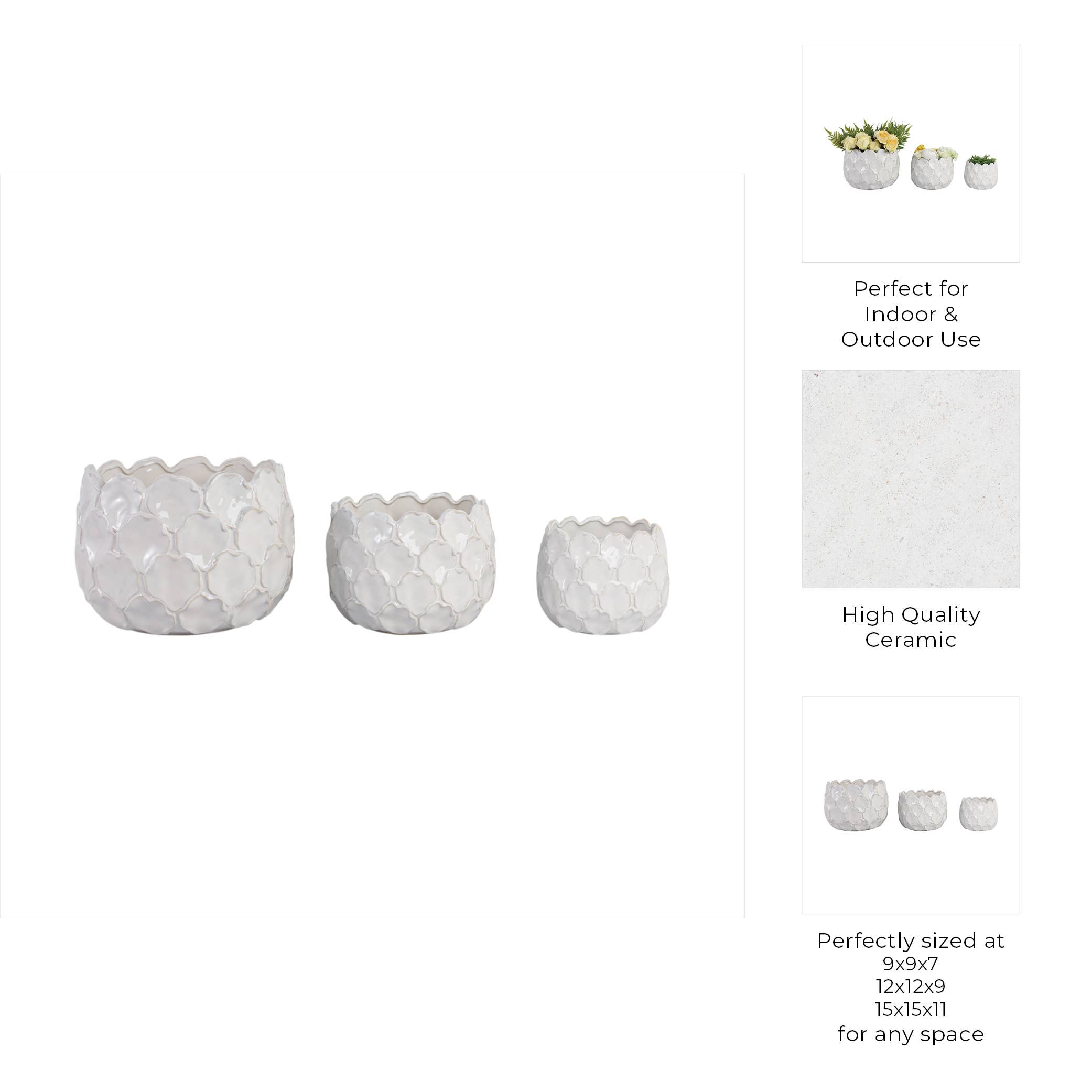 Sagebrook Home - Wholesale Plant Pot - Planters Set of 3 - White Ceramic Cloudy Petal, 9/12/15 in.4