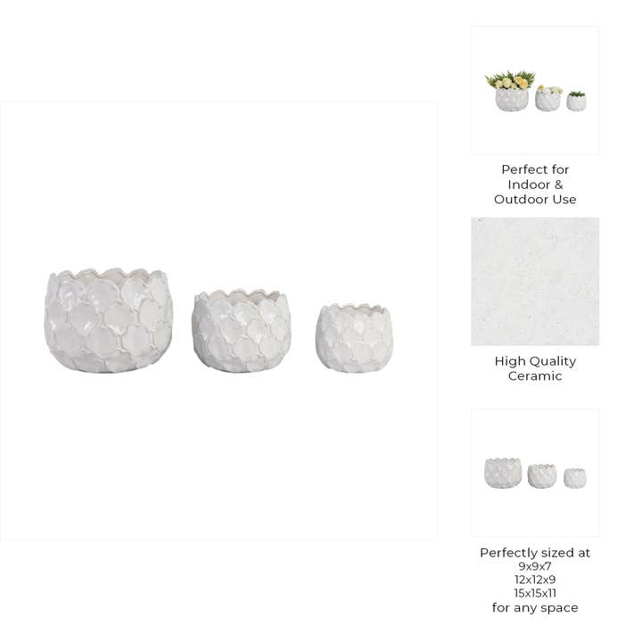 Sagebrook Home - Wholesale Plant Pot - Planters Set of 3 - White Ceramic Cloudy Petal, 9/12/15 in.4