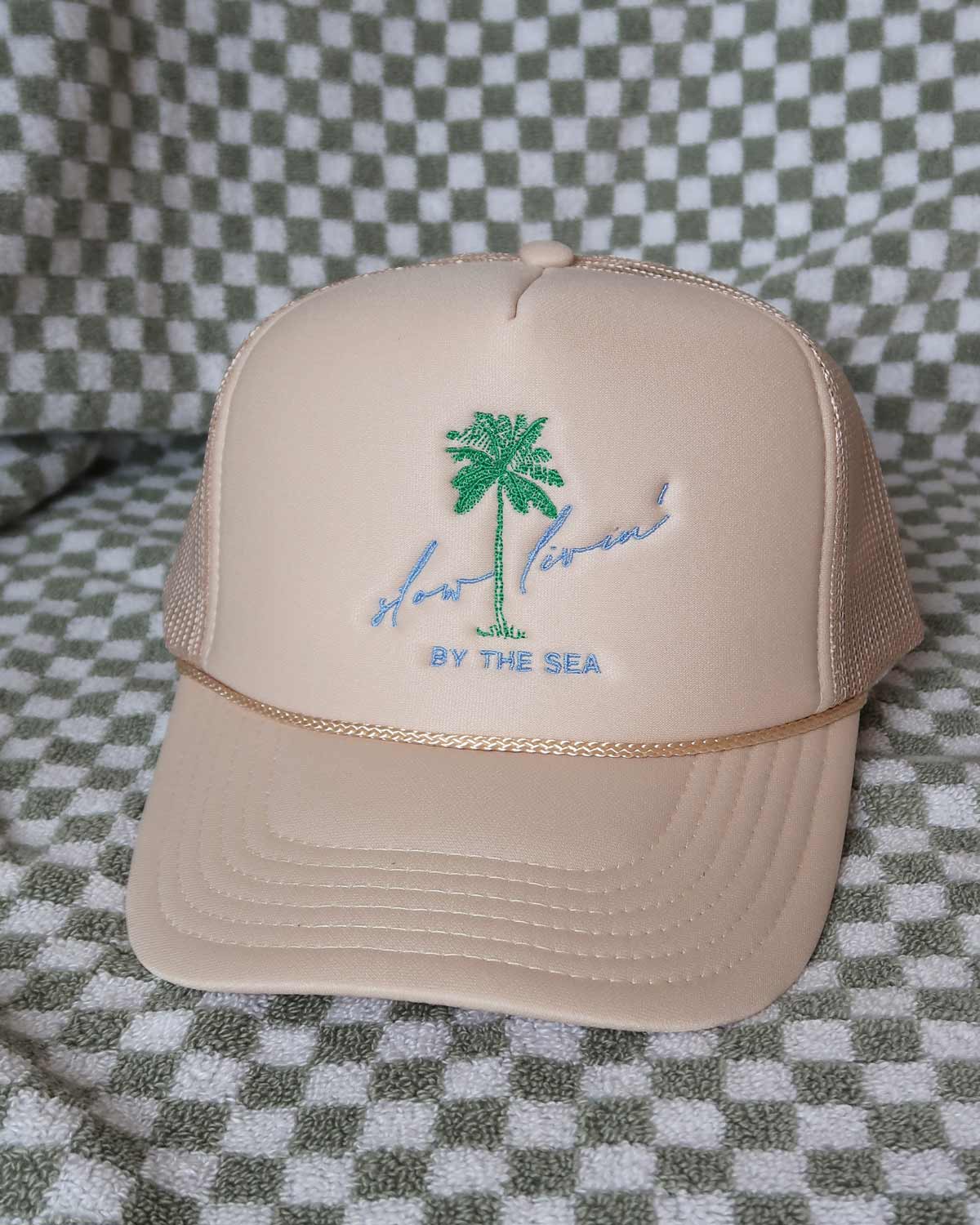Sundrop - Wholesale Trucker Hat - Unisex - Slow Livin' By The Sea Embroidered Tan Trucker Hat - Palm3