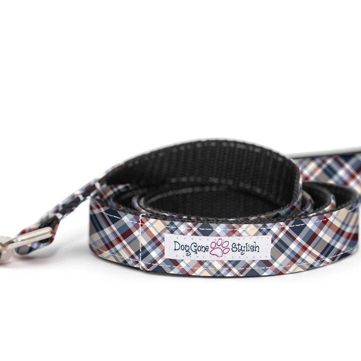 Tan, Blue and White Plaid Dog Leash for wholesale by DogGone Stylish