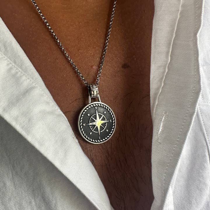 Christina Christi - Wholesale Pendant/Charm Necklace - Sterling Silver Compass Necklace Men, Real Silver Necklace,