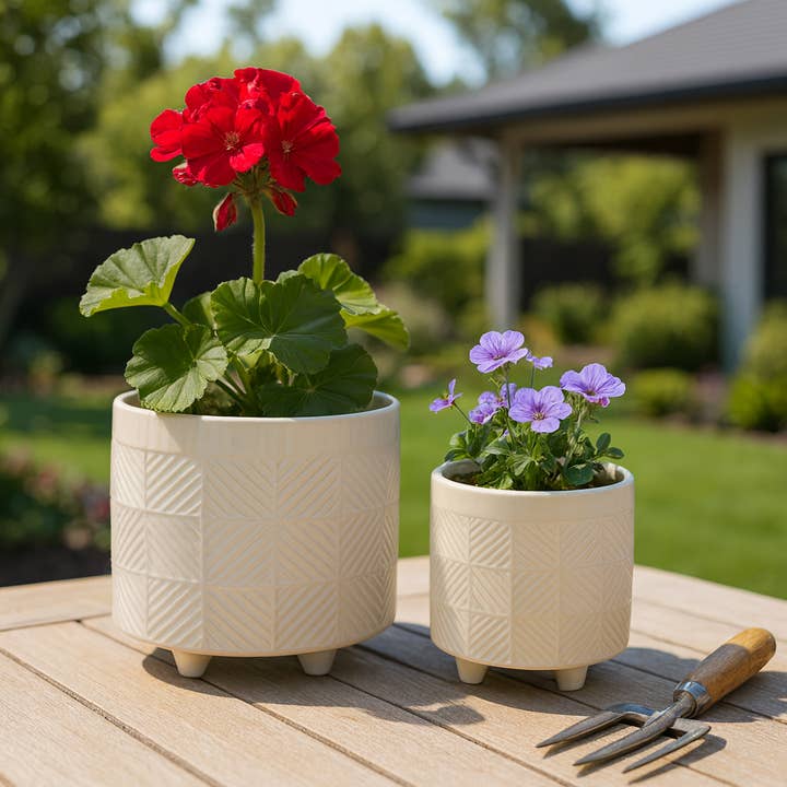 Planters Set of 2 - White Ceramic Textured Footed, 6/8 in. for wholesale by Sagebrook Home