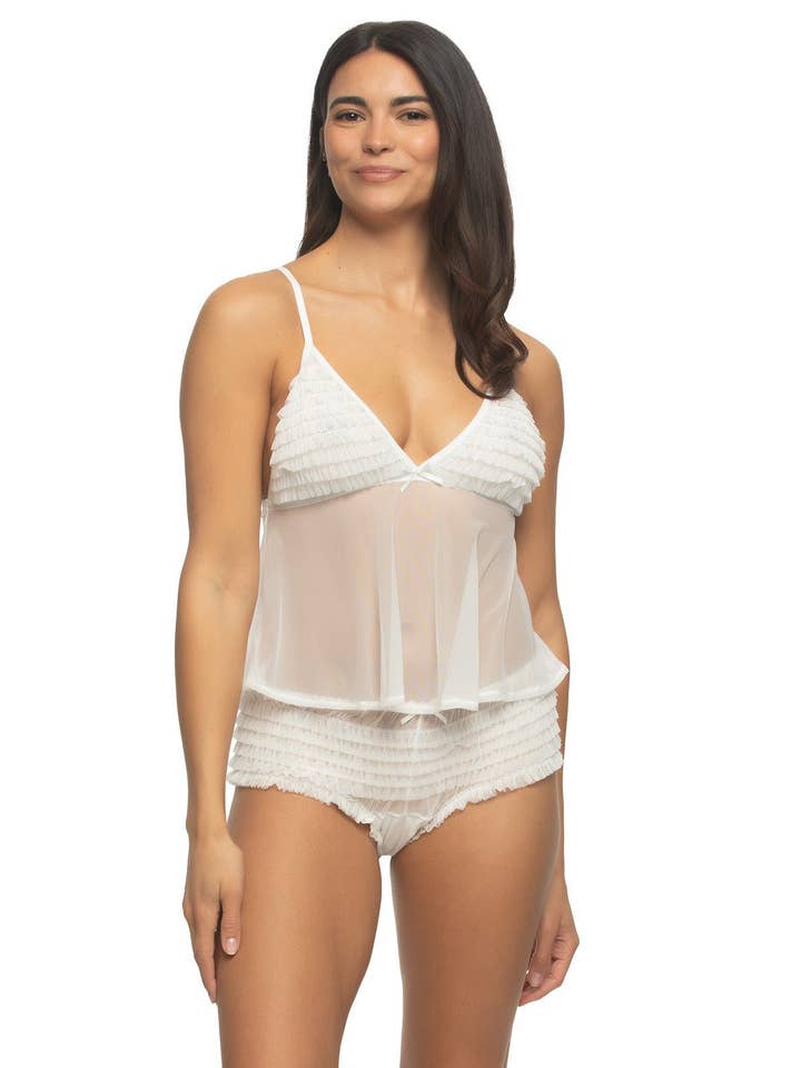 Veil Ruffle Cami and Rumba Panty 2-Piece Set - Cloud Dancer for wholesale by Felina