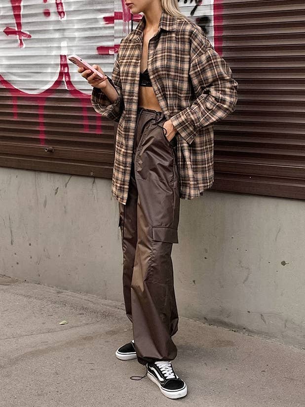 Khaki Loose American vintage long design plaid shirt for wholesale on Faire2