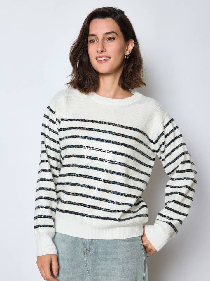 MYSTERY JANE – Engroshandel Pullover - Dame – PULL MED PALJETTER OG MARINESTRIBER3