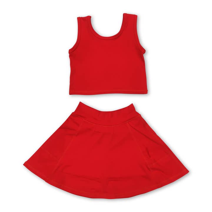 Red sleeveless top skirt kids girls active wear set for wholesale by Yawoo Garments