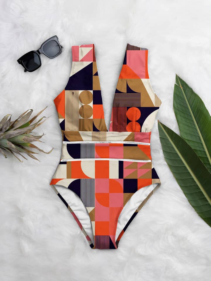 Art Deco Print Maeve Deep plunge One-Piece for wholesale on Faire