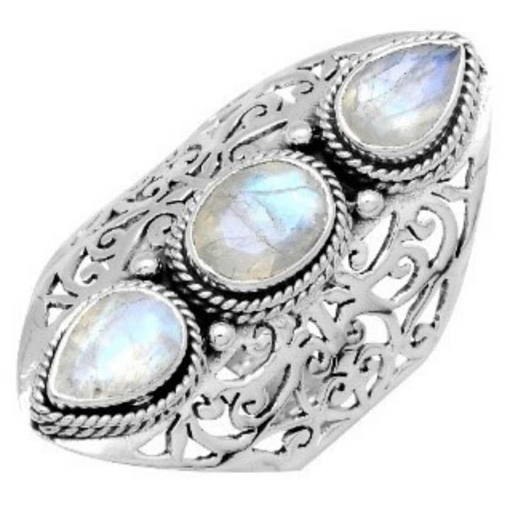 Chesterfield Rainbow Moonstone Jaali Sterling Ring for wholesale by Saraswati Imports