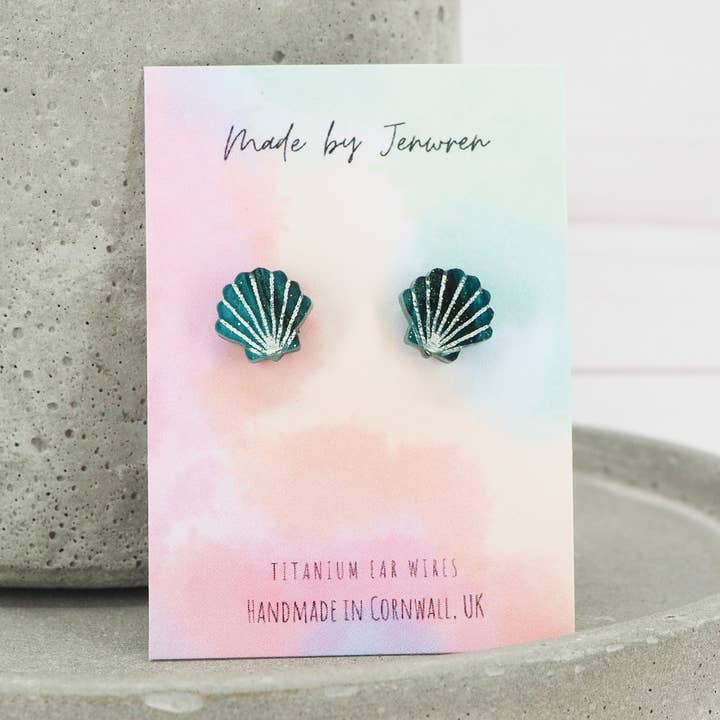 Small Green galaxy shell studs for wholesale by MadebyJenWren