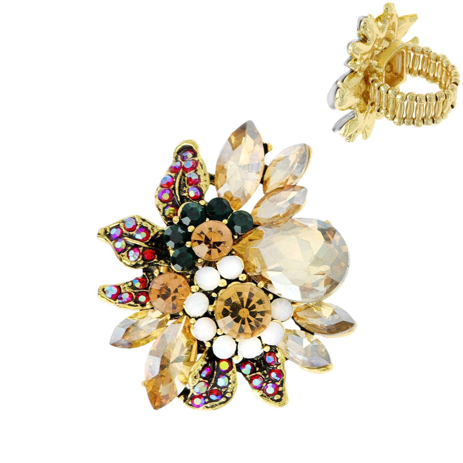 SP Sophia Collection - Wholesale Cocktail/Statement Ring - Vintage Crystal Gemstone Floral Stretch Ring4