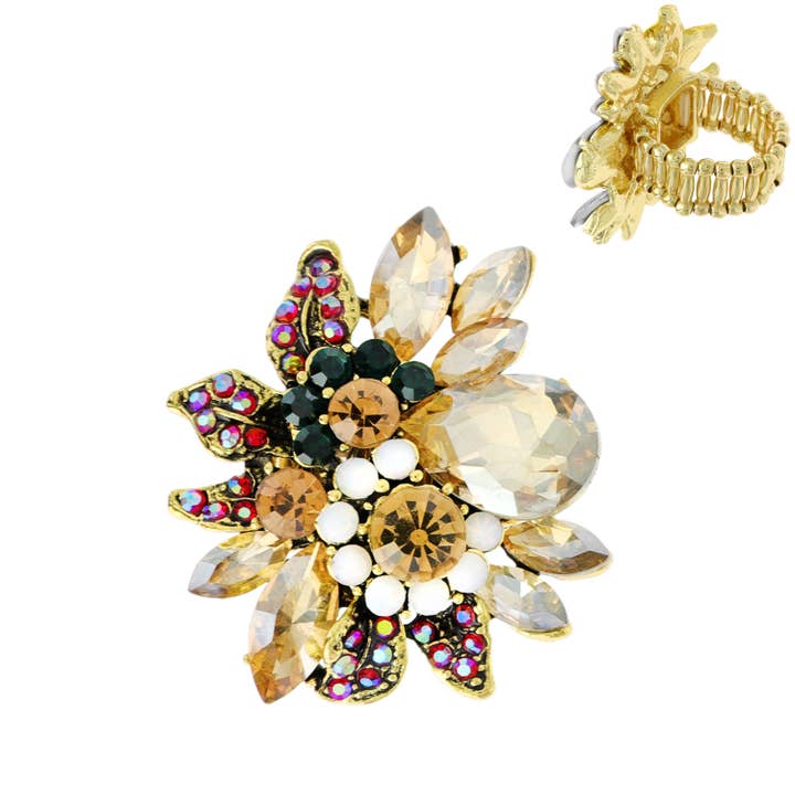 SP Sophia Collection - Wholesale Cocktail/Statement Ring - Vintage Crystal Gemstone Floral Stretch Ring4