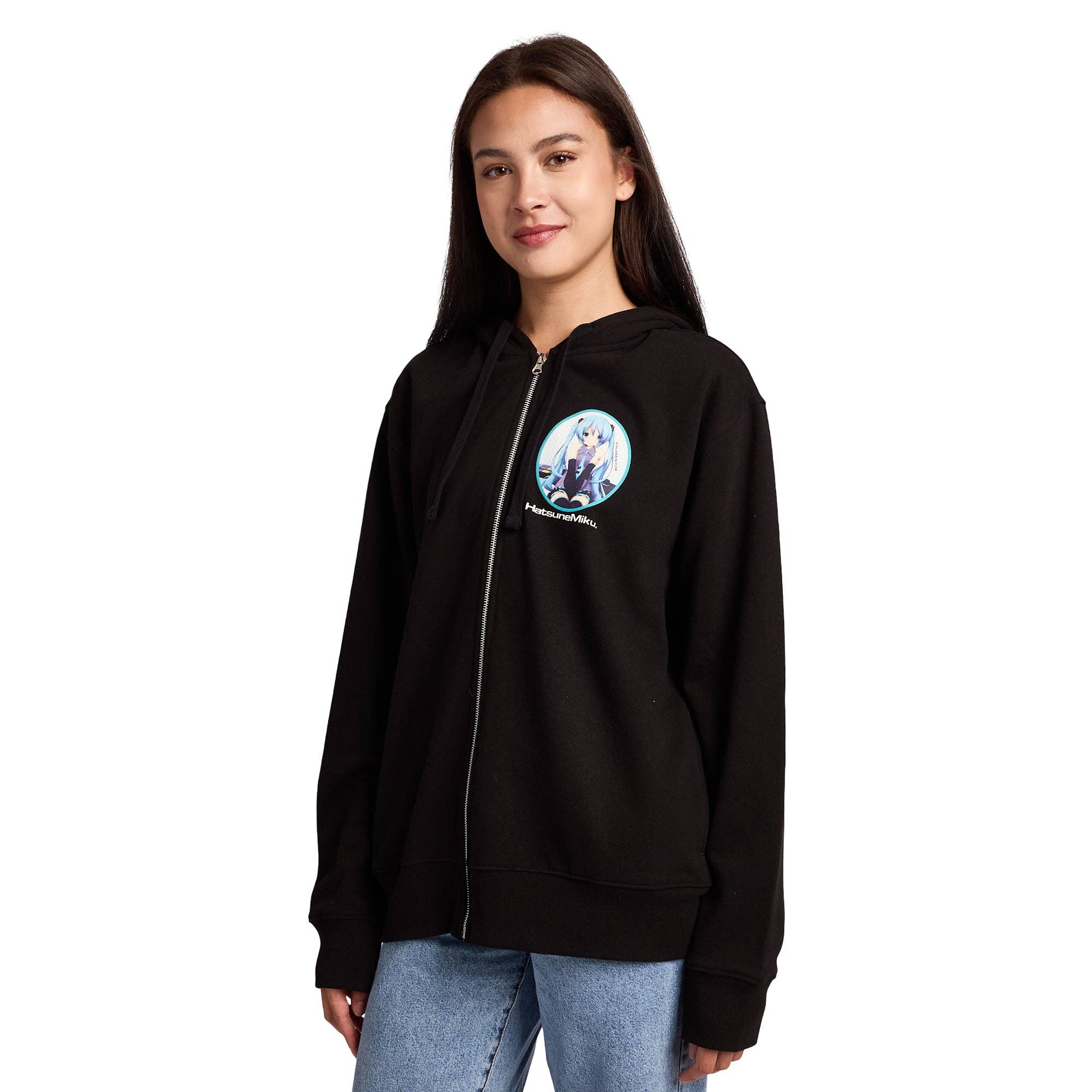 Bioworld Merchandising - Wholesale Hoodie - Women's - Hatsune Miku Character & Logon Women's Black Long Sleeve Zip Hooide With Cosplay Bunny Ears3