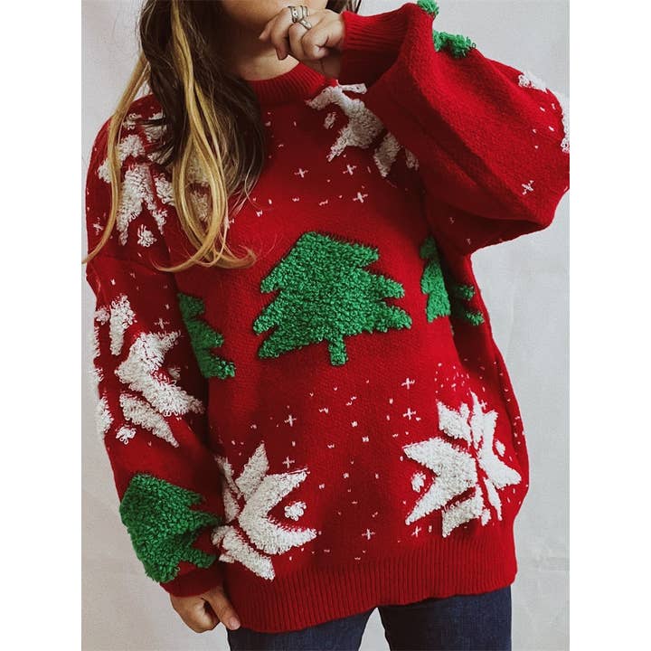HIDDENBRAND - Wholesale Knit Sweater - Women's - Christmas tree jacquard pullover top