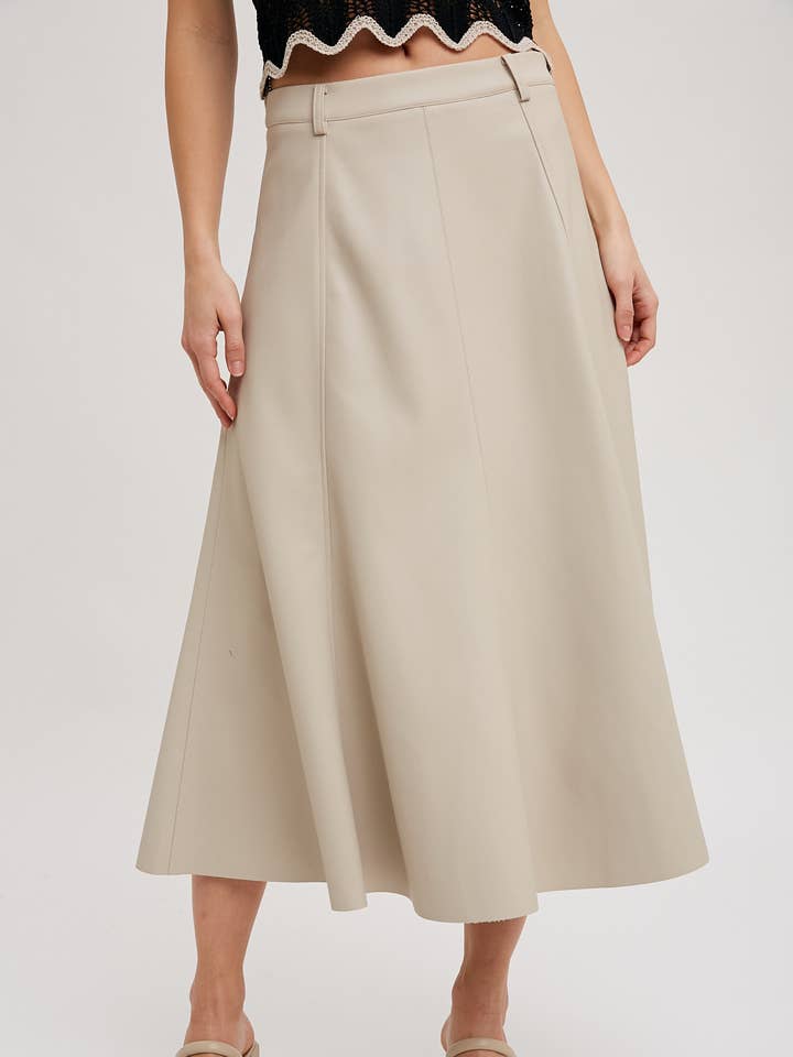 FAUX LEATHER FLARE MIDI SKIRT for wholesale by Bluivy