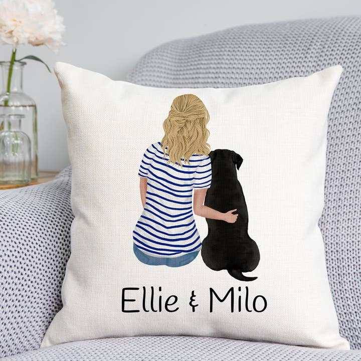 Customisable Lady & Dog Cushion for wholesale by DoodlecardsBoutique