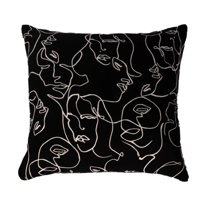 Coussin en crêpe noir avec motif blanc Visages pour la vente par DECO DECOR