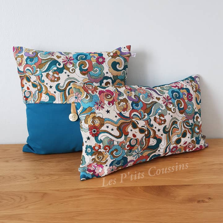 Cushion with vintage and psychedelic patterns from the 70s for wholesale by Les P'tits Coussins