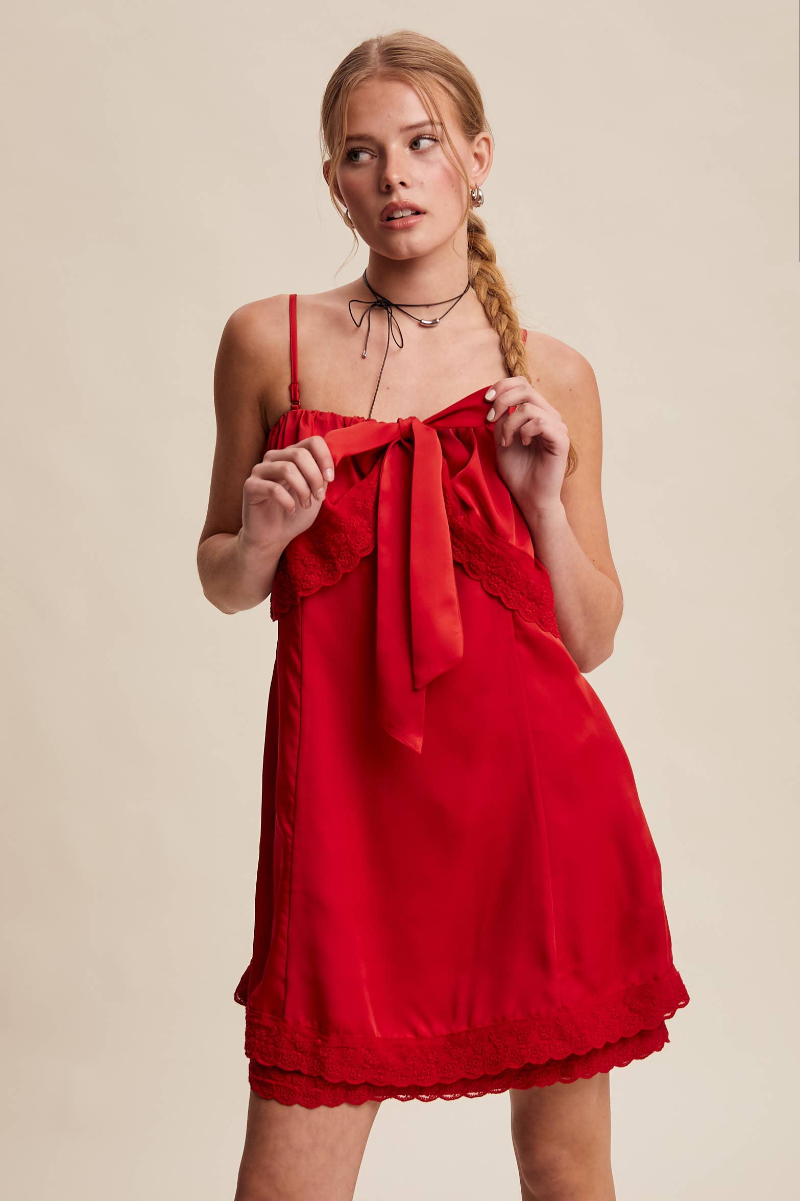 Listicle - Wholesale Dress - Women's - Bow Front Lace Trim Mini Dress LD106325