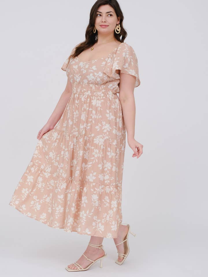 Blu Pepper - Wholesale Dress - Women's - PLUS FLORAL SCOOP NECK FLOUNCE SLEEVE MIDI DRESS