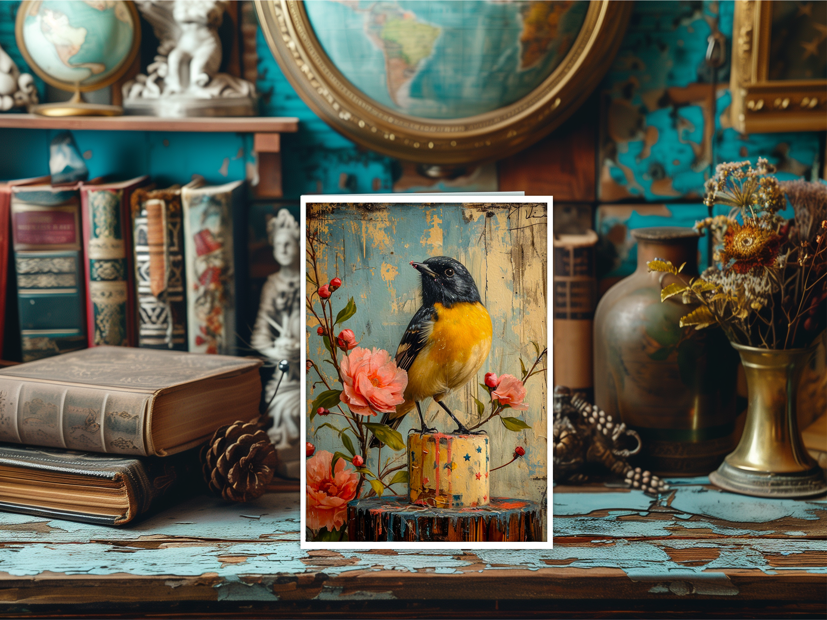 Salty Alyce - Vendita all'ingrosso Biglietti di auguri generici -  Cartolina vuota nera e gialla con uccellino sulla torta 100AS  1