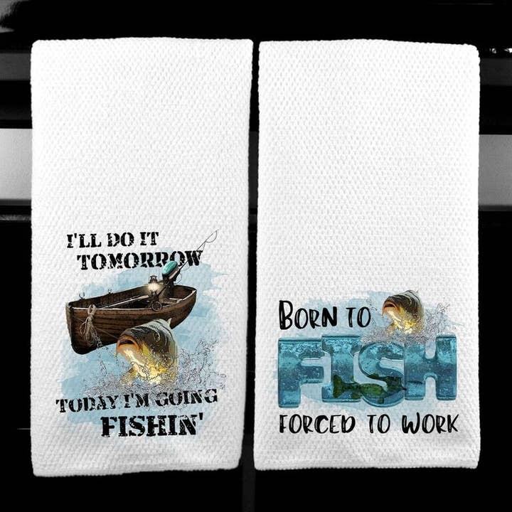 Dasha Alexander - Wholesale Tea Towel - Fishing Set of 2 Waffle Weave Microfiber Kitchen Towel