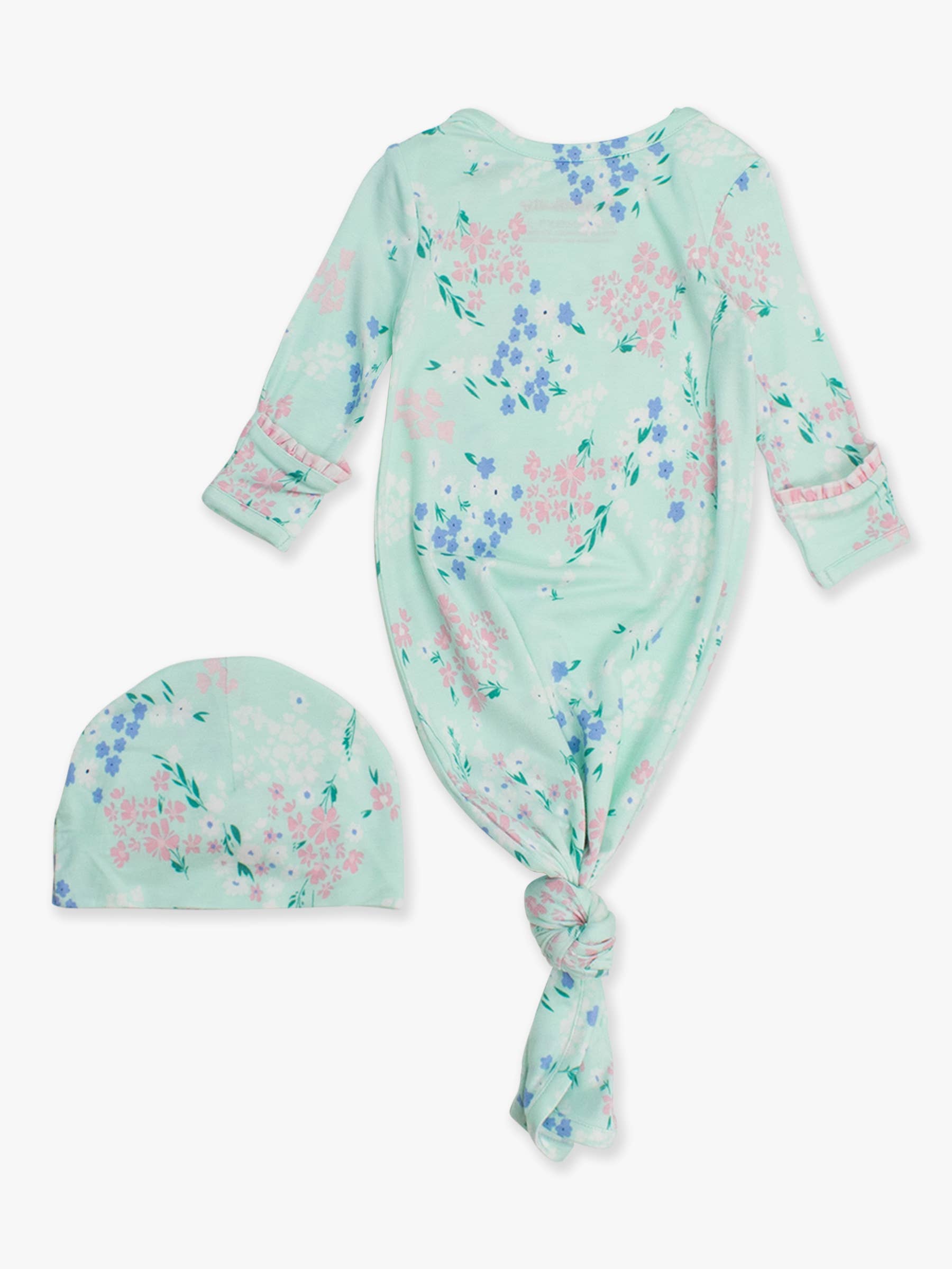 Green SoftSnooze™ Baby Girls Bamboo Viscose Mint Meadow Ruffle Knotted Sleep Gown & Bow Hat Set for wholesale on Faire10