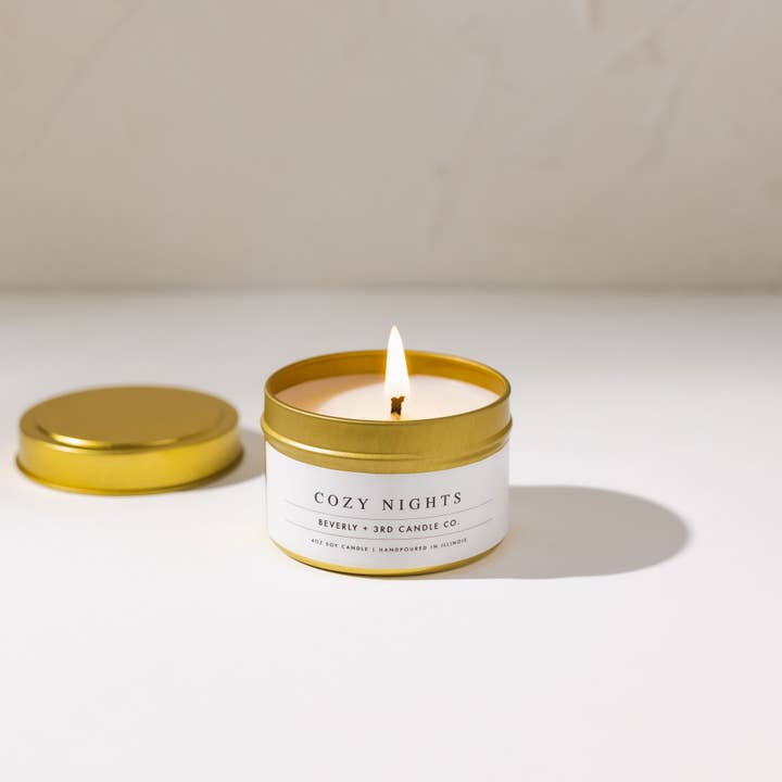 Beverly and 3rd Candle Co. - Wholesale Travel Candles - Cozy Nights 4oz Travel Tin - Soy Candle