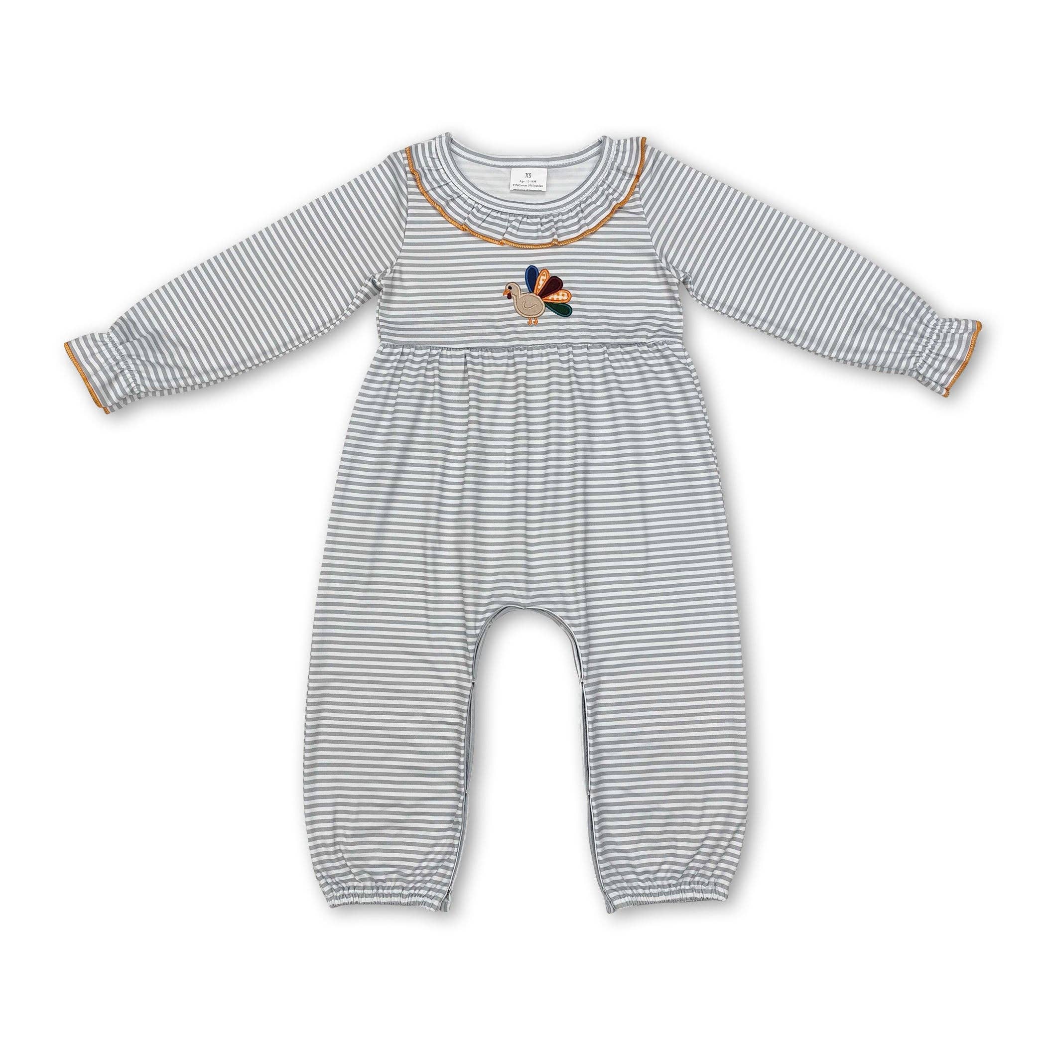 Yawoo Garments - Wholesale Jumpsuit - Baby - Ruffle stripe turkey baby girls Thanksgiving romper0