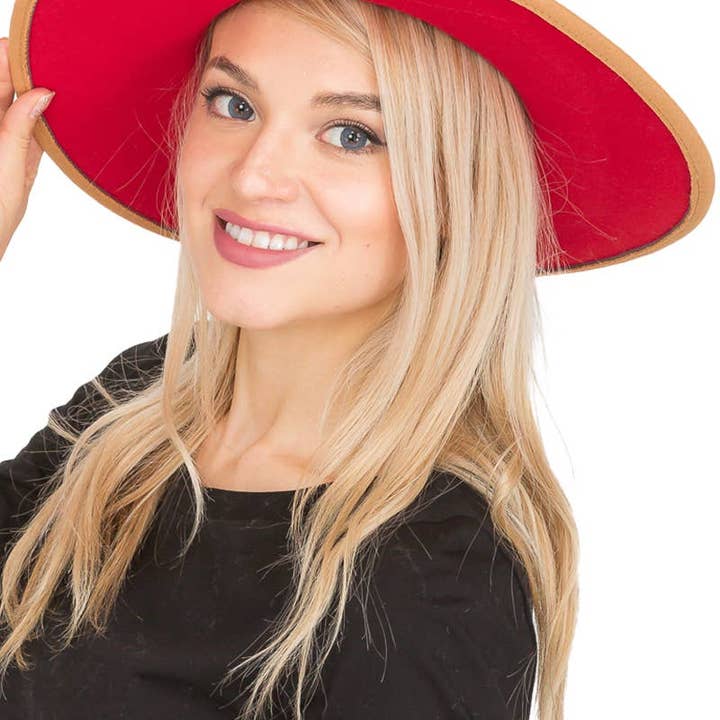 Cap Zone - Wholesale Fedora - Women's - Red Bottom Black Belt Rancher Hat Wide Brim
