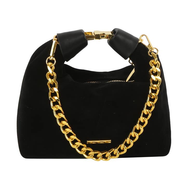 Gold-Link Suede Shoulder Bag for wholesale by Handbag Factory Corp