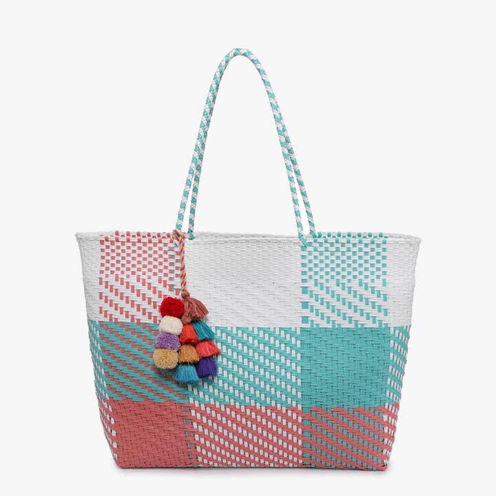 Jen & Co. - Wholesale Tote Bag - Women's - M2067 Sylvia Med Handwoven Tote w/ Pom-Poms1